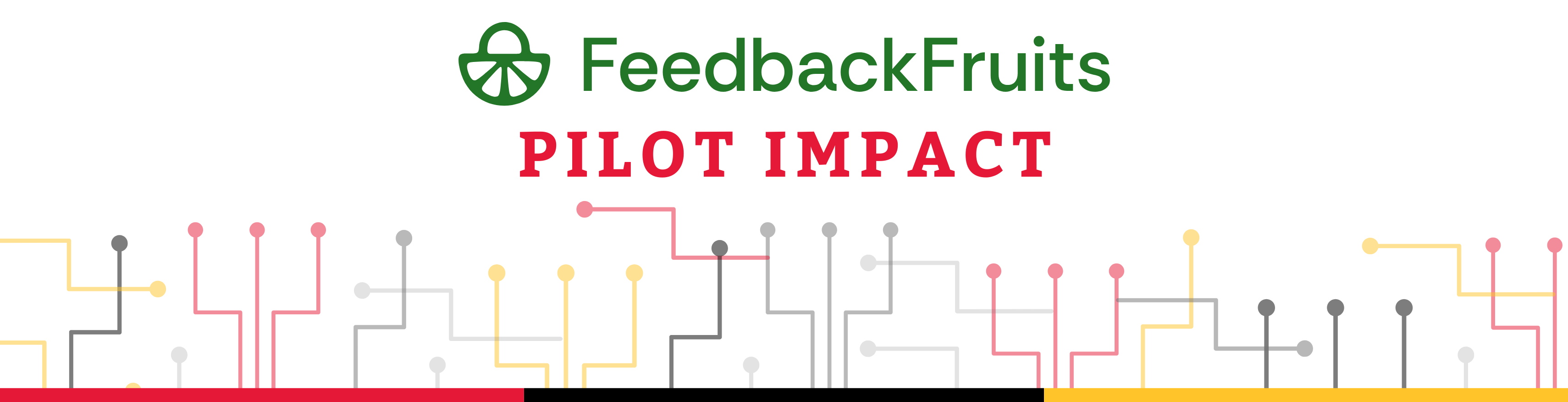 Banner with the FeedbackFruits logo and text reading 'FeedbackFruits PILOT IMPACT.' The background features colorful branching circuit-like lines in yellow, red, gray, and pink. 