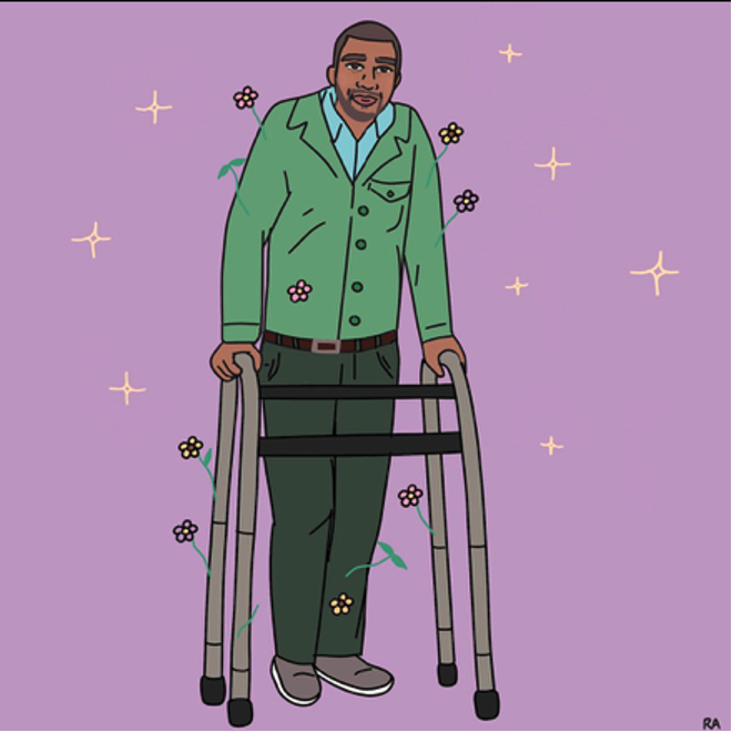 Illustration from Cripping Masculinities project, showing a Black man wearing a green sweater and using a walker.