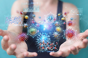 Composite image of microbiome-related illustrations with hands