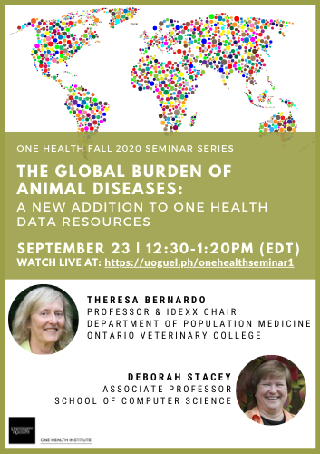 Poster announcing One Health Fall 2020 Seminar Series with colourful world map graphic and photos of speakers Theresa Bernardo and Deborah Stacey.
