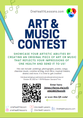Poster announcing OneHealthLessons.com Art & Music Contest with musical notes and pencil graphics, the One Health Lessons logo, and a QR code for entry. Find One Health Lessons on Twitter: onehealthlessons, Instragram: onehealthlessons, YouTube: One Health Lessons, Facebook: One Health Lessons, and LinkedIn: OneHealthLessons.com