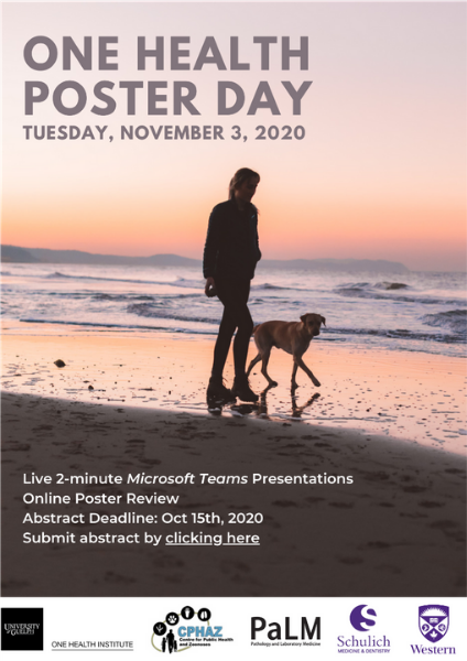 Poster announcing One Health Poster Day Tuesday, November 3, 2020 Live 2-minute Microsoft Teams Presentations Online Poster Review Abstract Deadline: Oct 15th, 2020 Submit abstract by clicking here (on poster). One Health Institute logo, Centre for Public Health and Zoonoses logo, Pathology and Laboratory Medicine logo, Schulich Medicine & Dentistry logo, Western University logo.