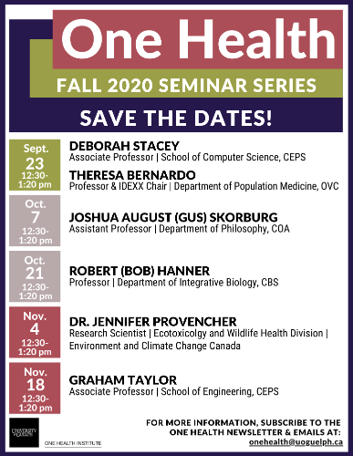 Poster announcing One Health Fall 2020 Seminar Series Save the Dates! Sept. 23 12:30-1:20pm Deborah Stacey (Associate Professor, School of Computer Science, CEPS) Theresa Bernardo (Professor & IDEXX Chair, Department of Population Medicine, OVC). Oct 7 12:30-1:20pm Joshua August (Gus) Skorburg (Assistant Professor, Department of Philosophy, COA). Oct 21 12:30-1:20pm Robert (Bob) Hanner (Professor, Department of Integrative Biology, CBS). Nov. 4 12:30-12:20pm Dr. Jennifer Provencher (Research Scientist, Ecotoxicology and Wildlife Health Division, Environment and Climate Change Canada). Nov. 18 12:30-1:20pm Graham Taylor (Associate Professor, School of Engineering, CEPS). One Health Institute logo. For more information subscribe to the One Health newsletter & emails at: onehealth@uoguelph.ca