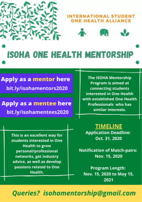 Poster announcing ISOHA One Health Mentorship. Graphic of plant vines, silhouette of human, elephant and leaves. Queries? isohamentorship@gmail.com