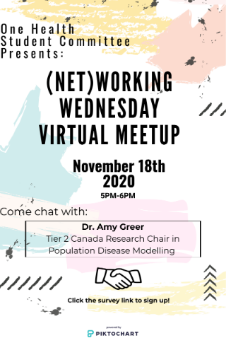 Poster announcing "One Health Student Committee Presents: (Net)Working Wednesday Virtual Meetup November 18th 2020 5-6PM Come chat with: Dr. Amy Greer Tier 2 Canada Research Chair in Population Disease Modelling Click the survey link to sign up." Abstract background poster designs, handshake icon, and Piktochart logo.