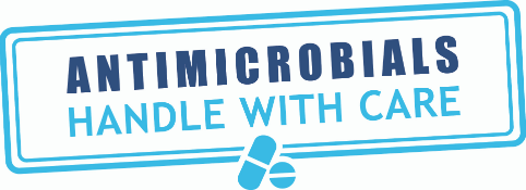 Banner with text "Antimicrobials Handle With Care" and pill icons.