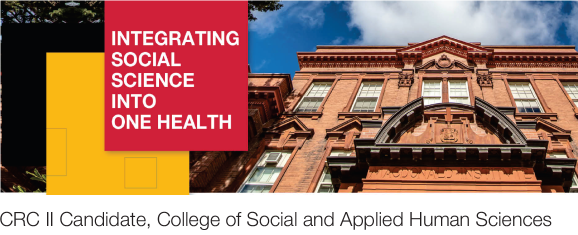 Banner announcing "Integrating Social Science Into One Health CRC II Candidate, College of Social and Applied Human Sciences" with image of a University of Guelph building.