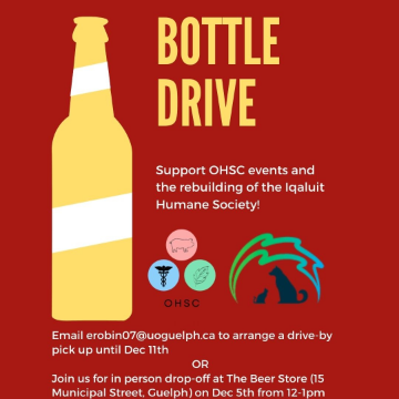 Poster announcing "Bottle Drive Support OHSC events and the rebuilding of the Iqaluit Humane Society! Email erobin07@uoguelph.ca to arrange a drive-by pick up until Dec 11th OR Join us for in person drop-off at The Beer Store (15 Municipal Street, Guelph) on Dec 5th from 12-1pm" with OHSC logo, Iqaluit Humane Society logo, and graphic of a bottle.
