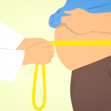 Cartoon photo of doctor holding measuring tape around a patient's large belly.