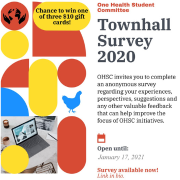 Poster with details of survey including "OHSC Townhall Survey 2020. OHSC invites you to complete an anonymous survey regarding your experiences, perspectives, suggestions and any other valuable feedback that can help improve the focus of OHSC initiatives. Open until: January 17, 2021. Chance to win one of three $10 gift cards!"