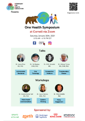 Poster for event that reads "One Health Symposium at Cornell via Zoom. Saturday, January 30, 2021. 8:15 am - 6:15 pm EST." It also includes details of the speakers for each talk and workshop. Includes sponsor information as well as the event's logo of a cartoon globe being pushed by a brown bear and two people.