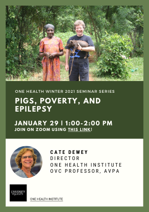 Poster with image of Cate holding a pig beside a female farmer from Kenya above text announcing "One Health Winter 2021 Seminar Series: Pigs, Poverty, & Epilepsy. January 29th, 1:00 pm - 2:00 pm. Join on Zoom using this link. Dr. Cate Dewey, Director, One Health Institute, OVC Professor, AVPA." Headshot of Dewey beside her title.