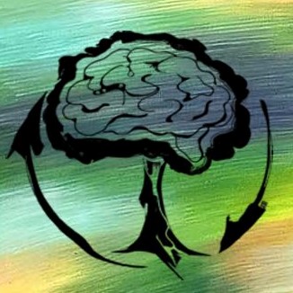 Image shows a logo of a tree with arrows around it, with a background painting in green, blue, and yellow. and a canopy that looks like a brain. The background is a green, blue, and yellow painting.