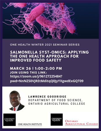 A poster advertising Dr. Lawrence Goodridge's seminar, March 26th, 1:00 to 2:00. There is a phot of Dr. Goodridge and a closeup photo of Salmonella