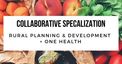 A graphic advertising the Collaborative Specialization Program in Rural Planning and Development + One Health in front of a photograph of fruits and vegetables