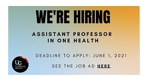 A graphic advertizing a new position in One Heath. The text states "WE’RE HIRING | Assistant Professor in One Health | Deadline to Apply, June 1, 2021" beside a logo of the Department of Integrative Biology , all of which is overlain on top of a blue and orange background.