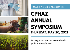 A graphic of the poster advertising the CPHAZ Symposium on May 20th, 2021, showing photographs of a person in a white lab coat putting on a rubber glove, a person reaching out to pet a dog and a corn field beside text advertising the event.