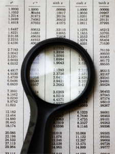 A photograph of a magnifying glass lying on top of a page full of five columns of data.