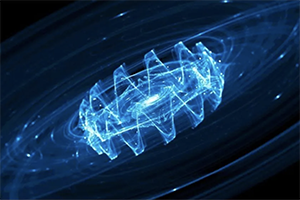 Image showing gravitational waves in space. Blue, wavy lines in a circular configuration against a black background.