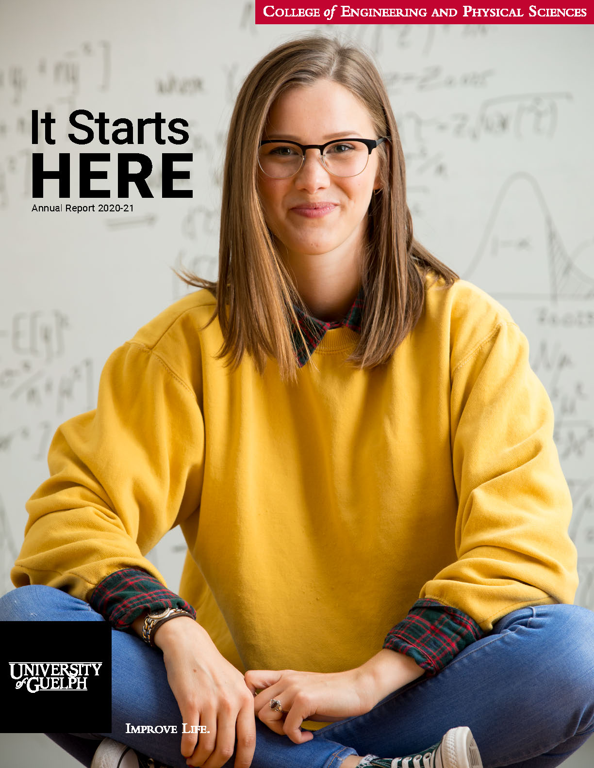 A student wearing a bright yellow sweater sits cross-legged and smiling at the camera. Equations can be seen on a whiteboard in the background. The CEPS lockup is split between the upper right-hand corner and lower left-hand corner.
