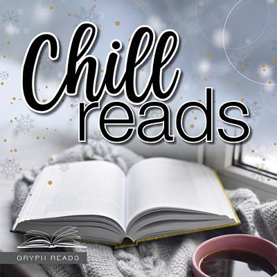 Photo of an open book and a hot beverage in a mug. The text reads, "Chill reads."