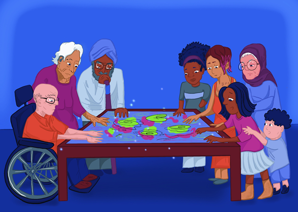 Illustration of people engaging with tactile art