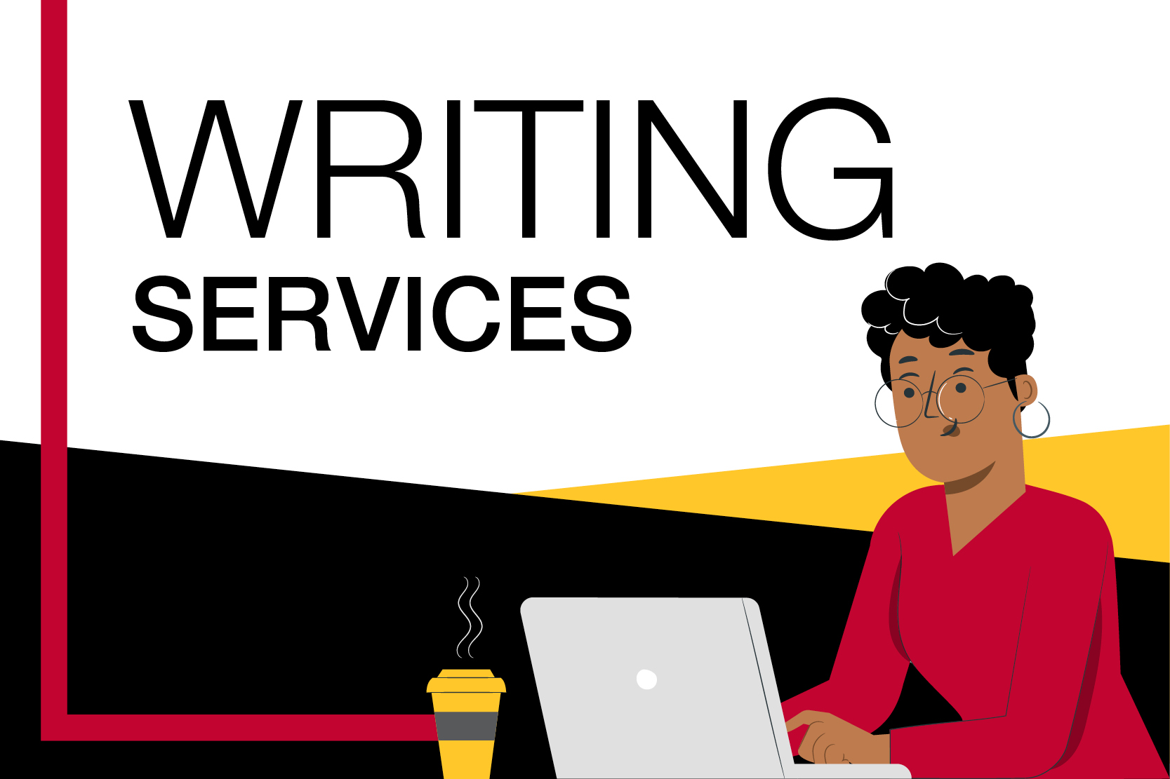 Graphic of a person working at a computer. The text reads, "Writing Services."