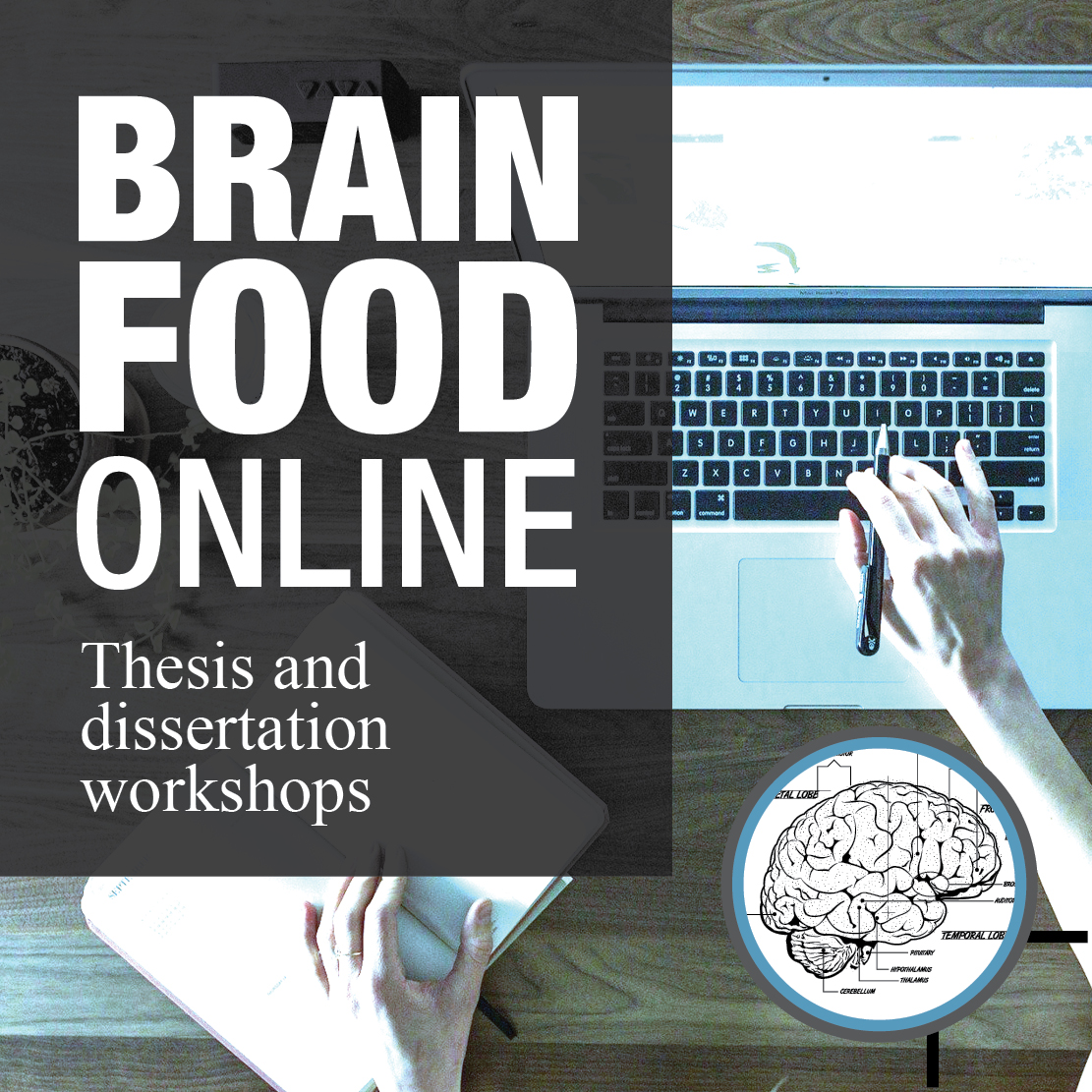The main graphic depicts a photo of an individual working on an open laptop. One of their hands is typing on the laptop's keyboard and their other hand is resting on a book. The text on the graphic reads "BRAIN FOOD ONLINE. Thesis and dissertation workshops.” Overlaid on a part of the main graphic is another graphic depicting a brain with its different parts indicated.