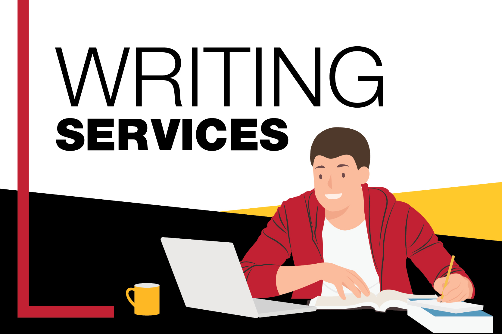 Graphic of a person sitting in front of a laptop and an open book. The person is writing something. The text on the graphic reads "Writing Services."