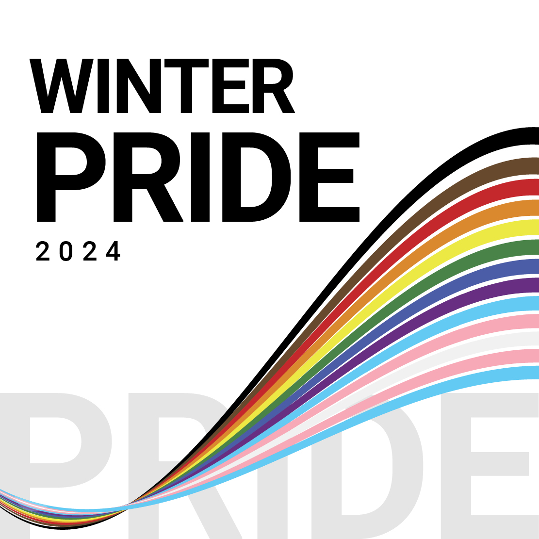 Text on graphic reads "Winter Pride 2024" with an image of the pride flag in an arch format on a white background.