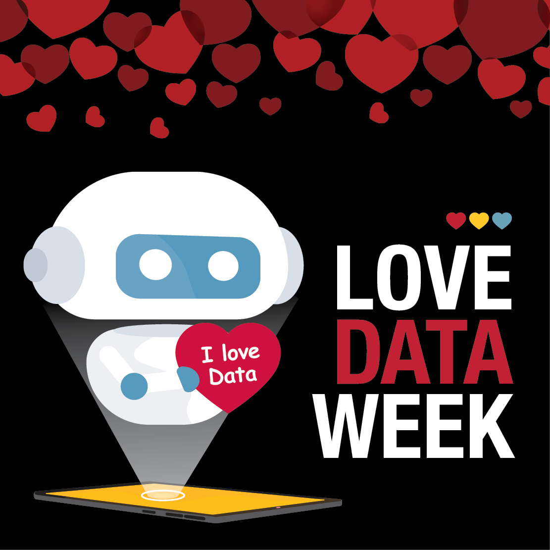 Text on graphic reads "Love Data Week" with an image of a robot holding a heart that says "I love data."